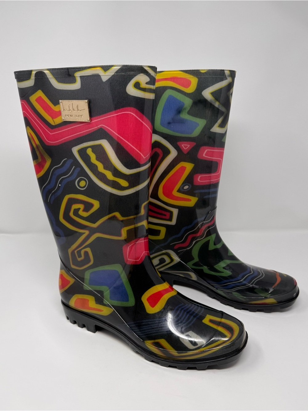 Nicole Miller Rain Boot, Sz 10, abstract funky Aztec colorful ditzy waterproof